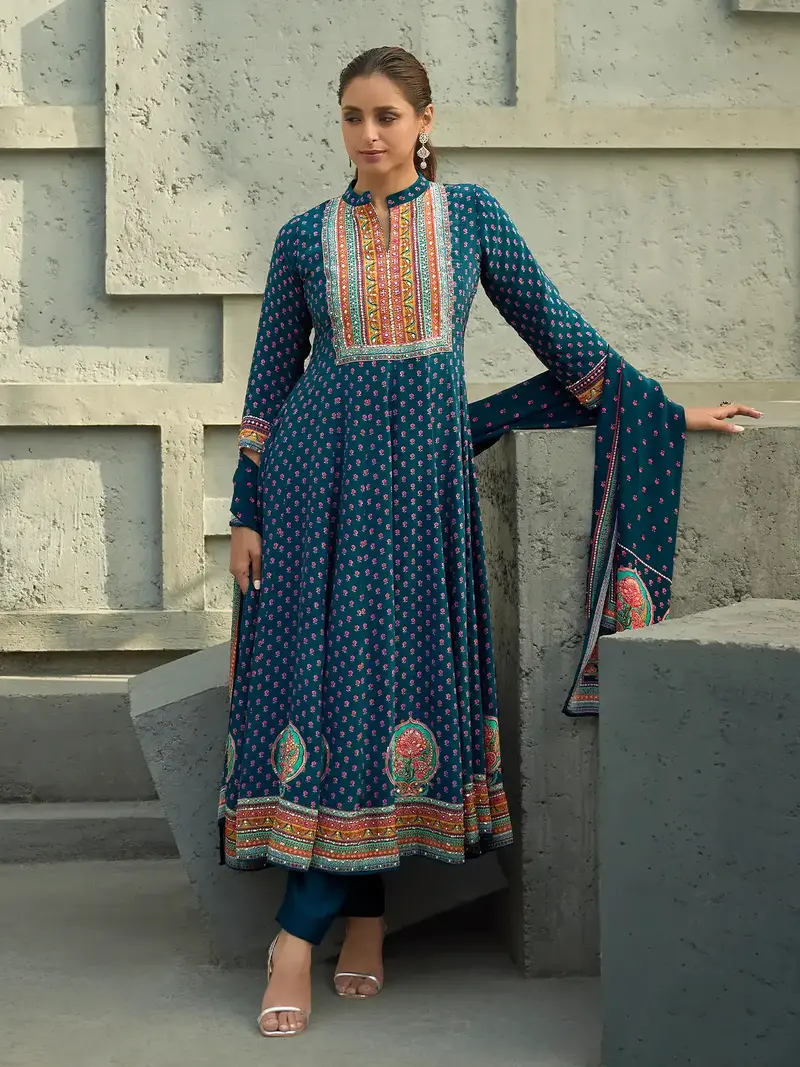 Blue Floral Printed Synthetic Salwar Suit 1