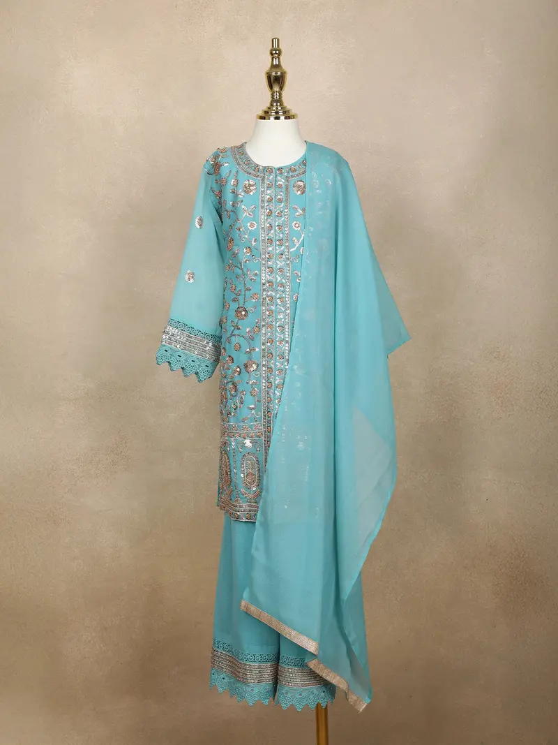 Blue Floral Sequins Embroidered Kids Georgette Palazzo Suit With Dupatta 1