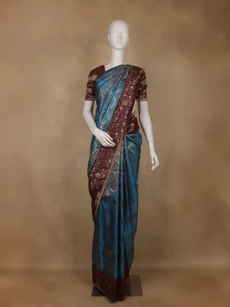 Blue Floral Woven Pure Kanchipuram Silk Saree 1