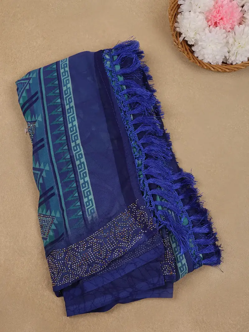 Blue Geometric Motif Print With Beaded Synthetic Saree 1