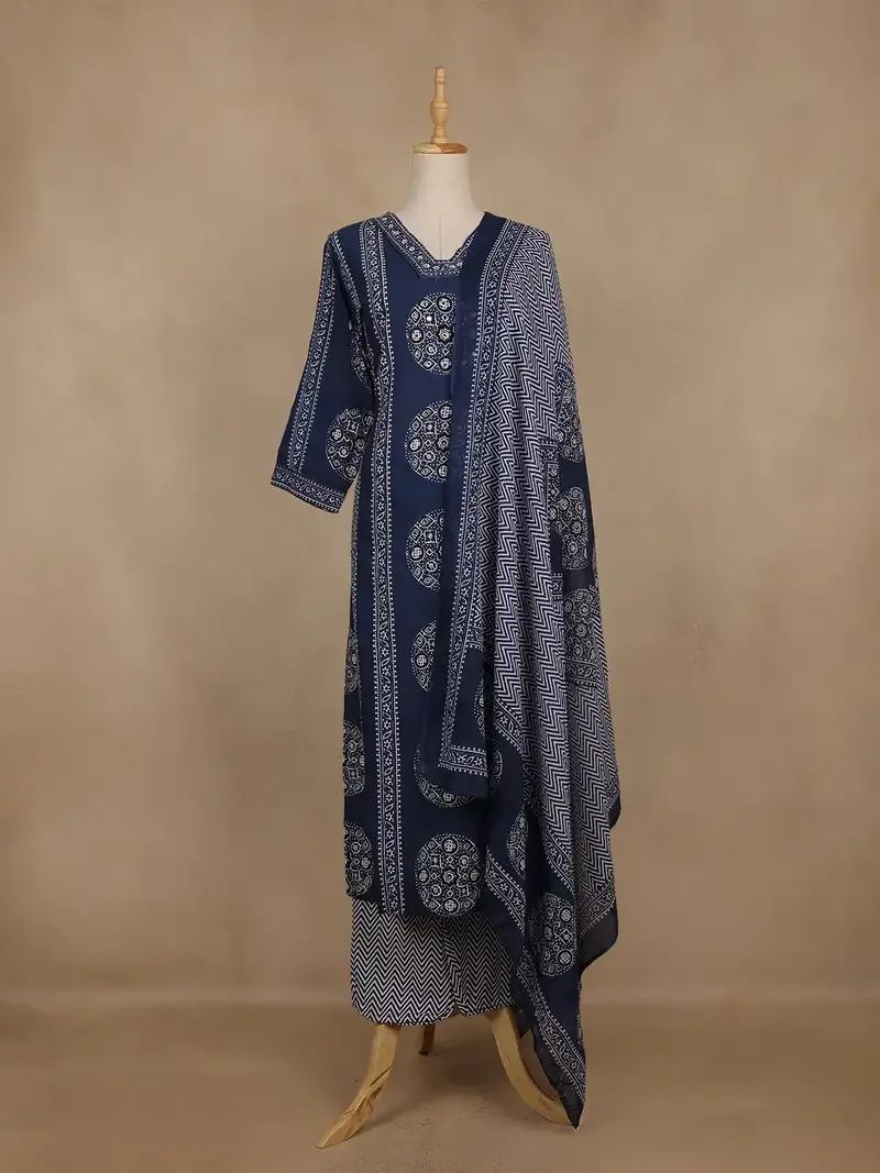 Blue Geometric Printed Cotton Salwar Suit With Dupatta 1