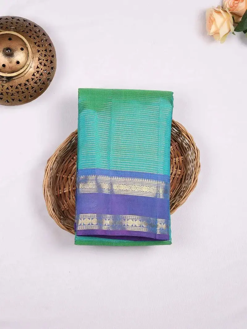 Blue Green Dual Tone Pure Kanchipuram Bridal Silk Saree With Stripes On The Body And Contrast Zari Border 1