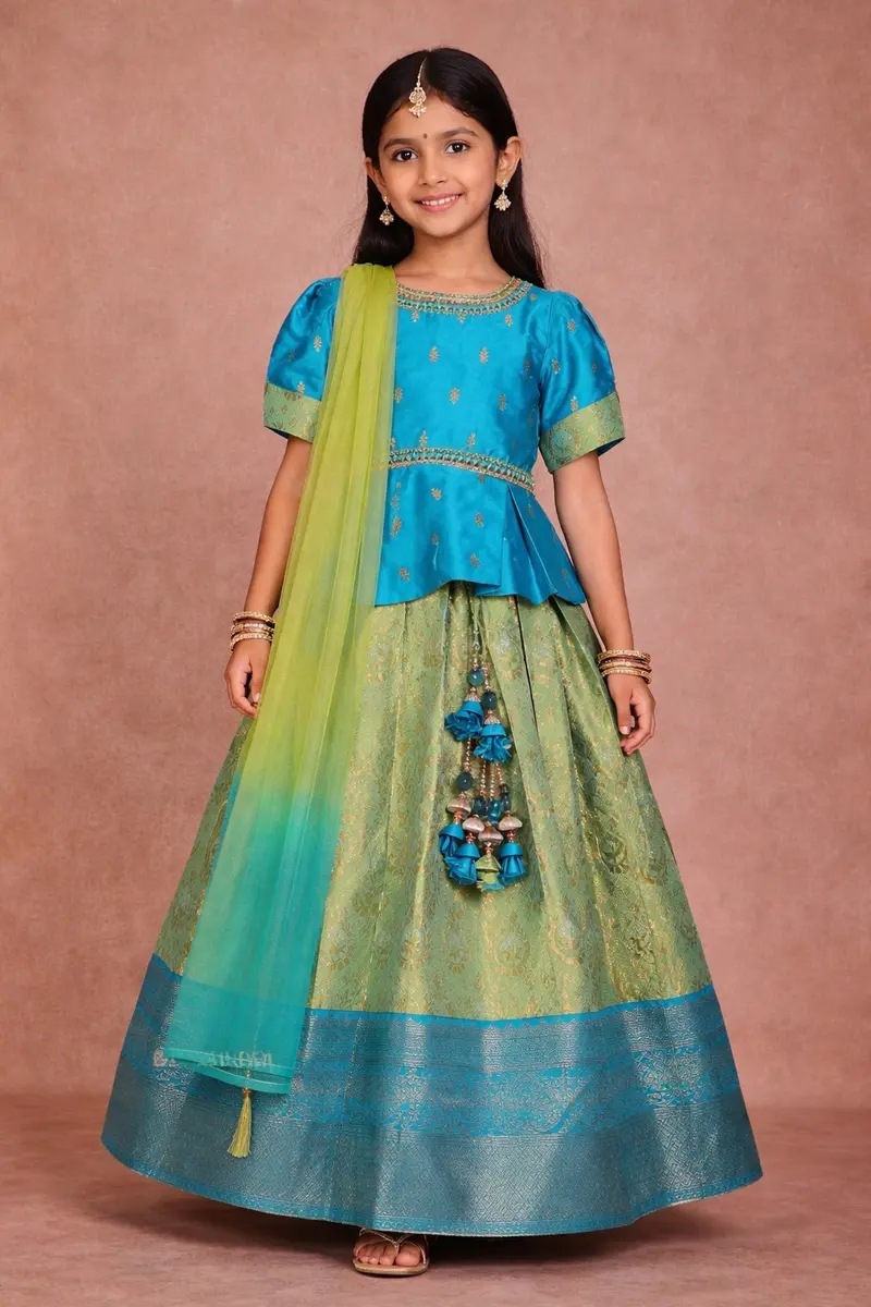Blue Green Silk Pattu Pavadai Adorned With Zariwork Paired With Net Dupatta 1
