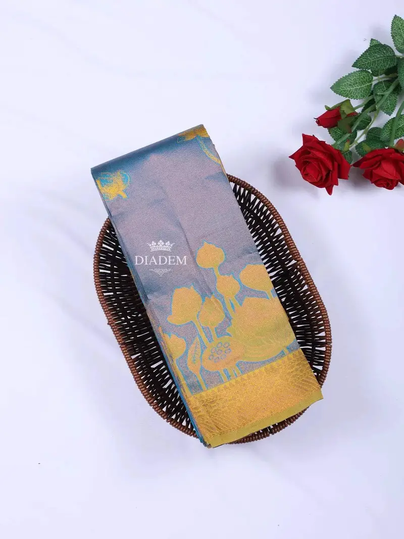 Blue Grey Arani Silk Saree With Floral Motif On The Body And Contrast Zari Border 1