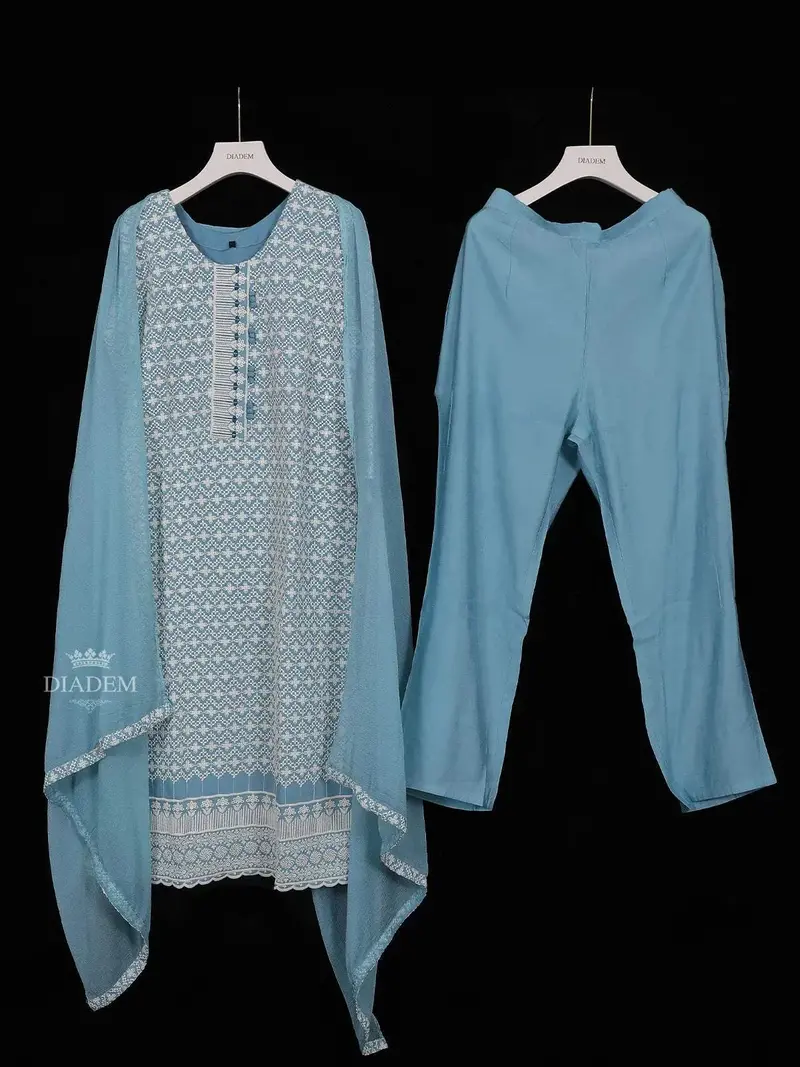 Blue Grey Cotton Straight Cut Salwar Suit For Women Adorned With Floral Threadwork Embroidery, Paired With Dupatta 1