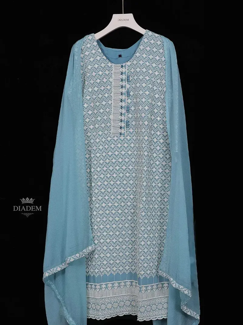 Blue Grey Cotton Straight Cut Salwar Suit For Women Adorned With Floral Threadwork Embroidery, Paired With Dupatta 2