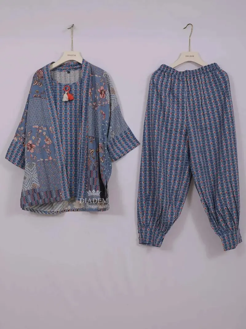 Blue Grey Cotton Straight Salwar Suit For Girls Adorned With Floral Prints 1