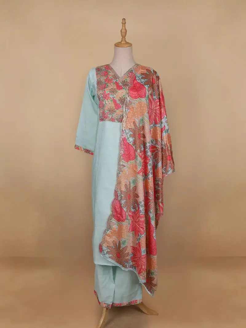 Blue Grey Floral Cotton Straight Cut Salwar Suit 1
