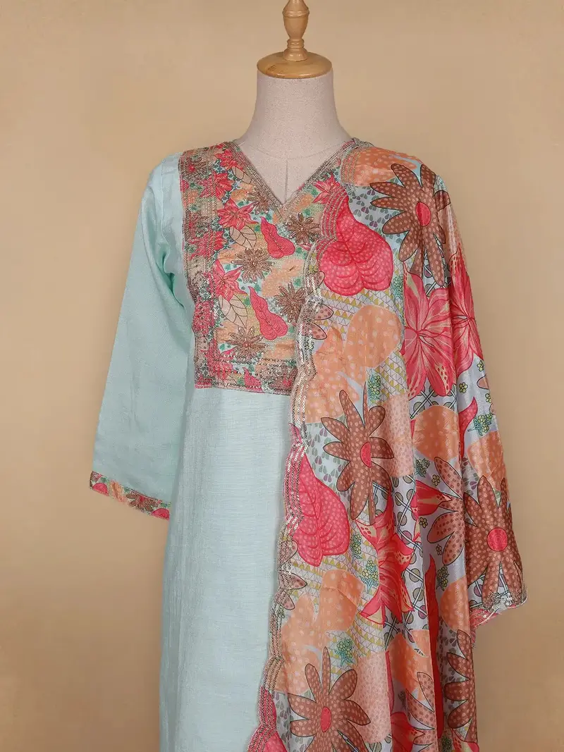 Blue Grey Floral Cotton Straight Cut Salwar Suit 2
