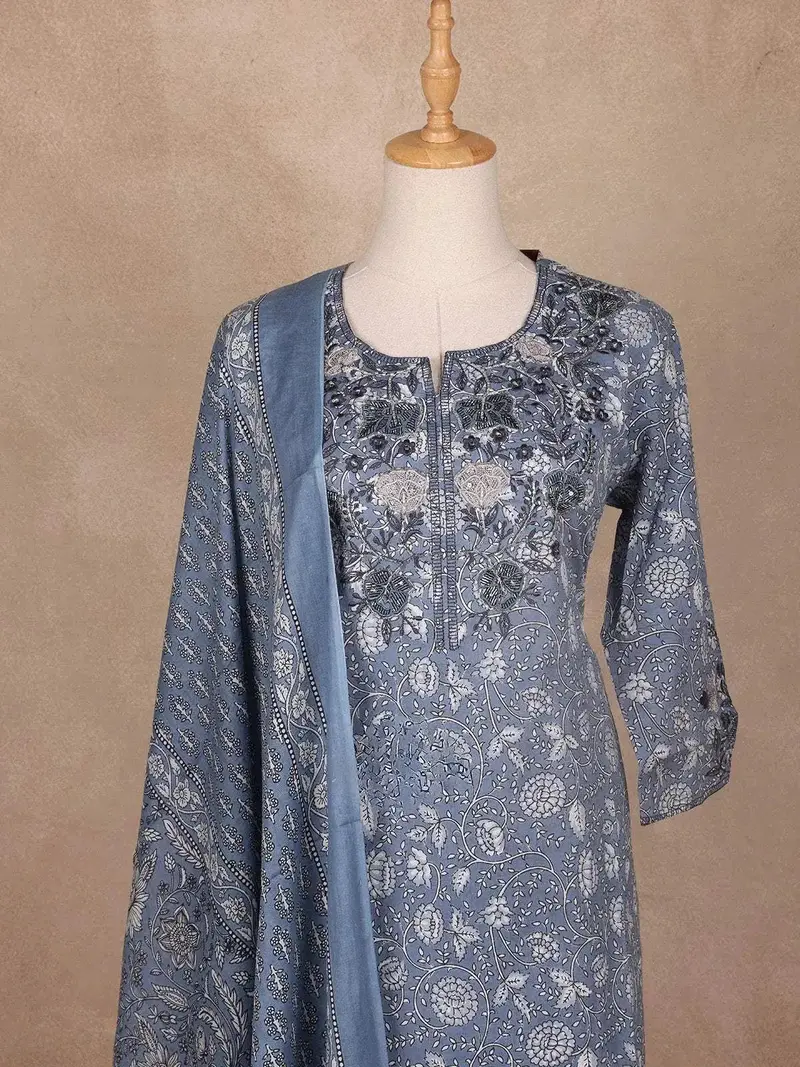 Blue Grey Floral Designed Salwar Suit 2