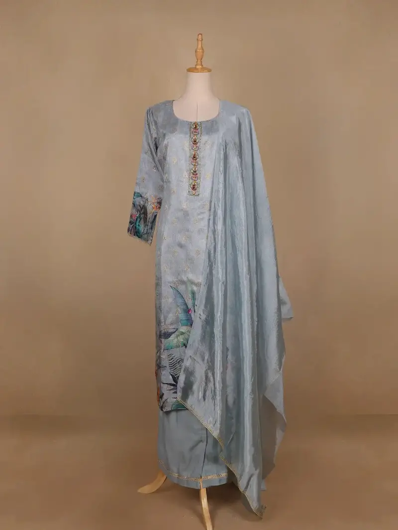 Blue Grey Floral Designed Semi Silk Salwar Suit 1