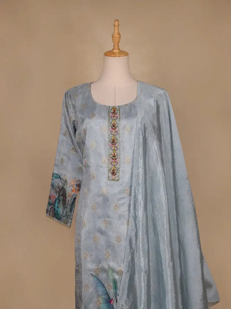 Blue Grey Floral Designed Semi Silk Salwar Suit 2