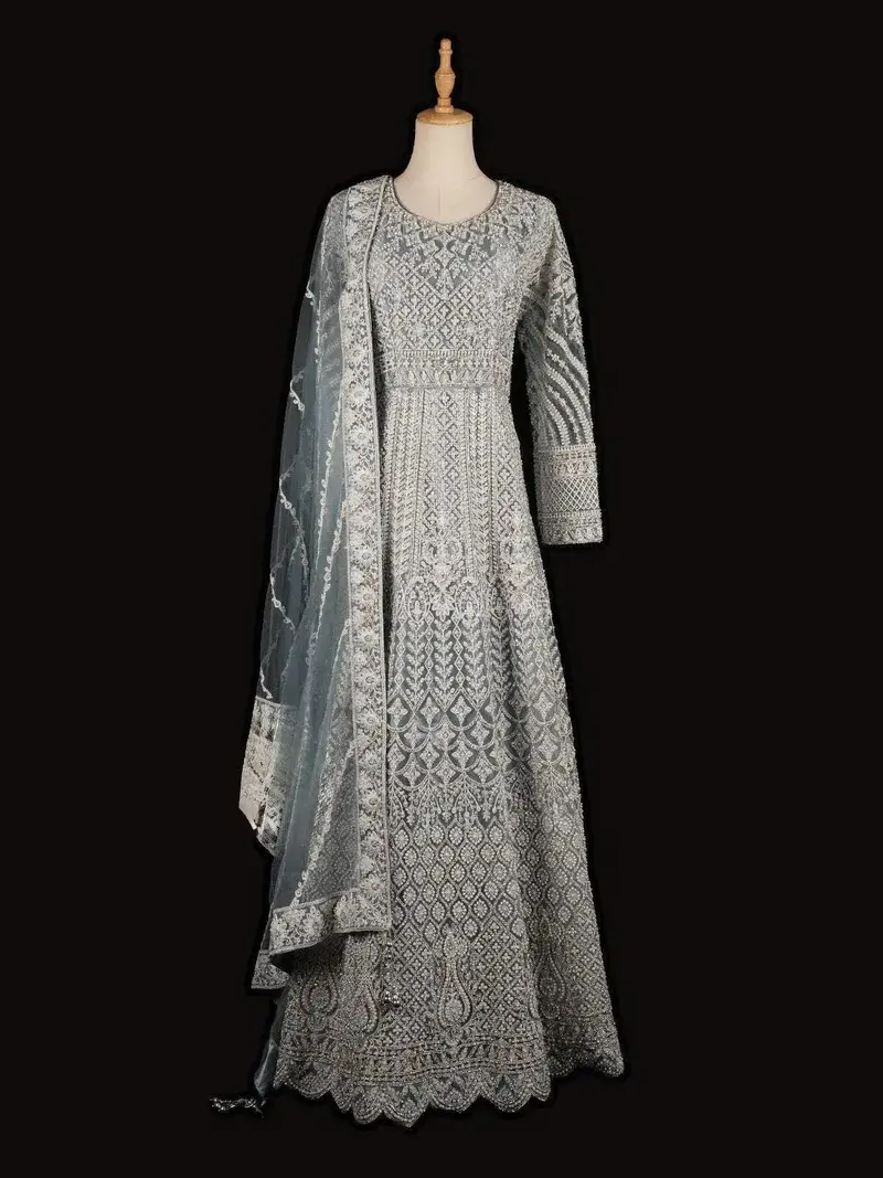 Blue Grey Net Engagement Gown With Floral Embroidery Net Dupatta 1