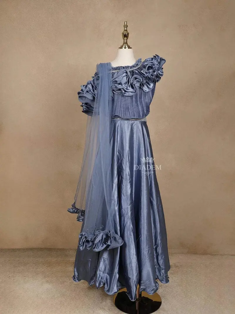 Blue Grey Satin Ruffle Lehenga Embellished With Stonework Paired With Dupatta 1