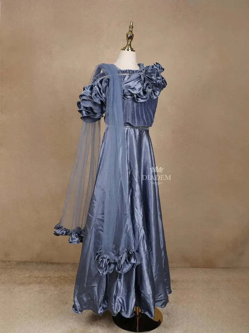 Blue Grey Satin Ruffle Lehenga Embellished With Stonework Paired With Dupatta 2