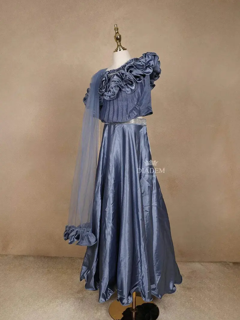Blue Grey Satin Ruffle Lehenga Embellished With Stonework Paired With Dupatta 3