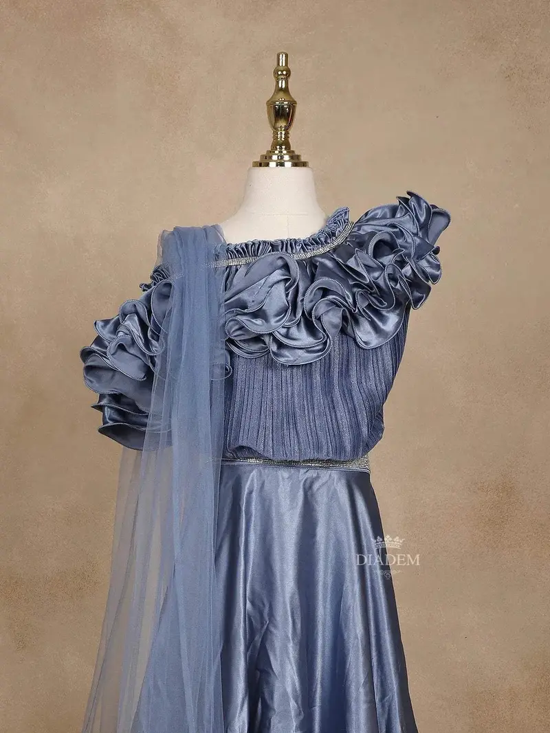 Blue Grey Satin Ruffle Lehenga Embellished With Stonework Paired With Dupatta 4