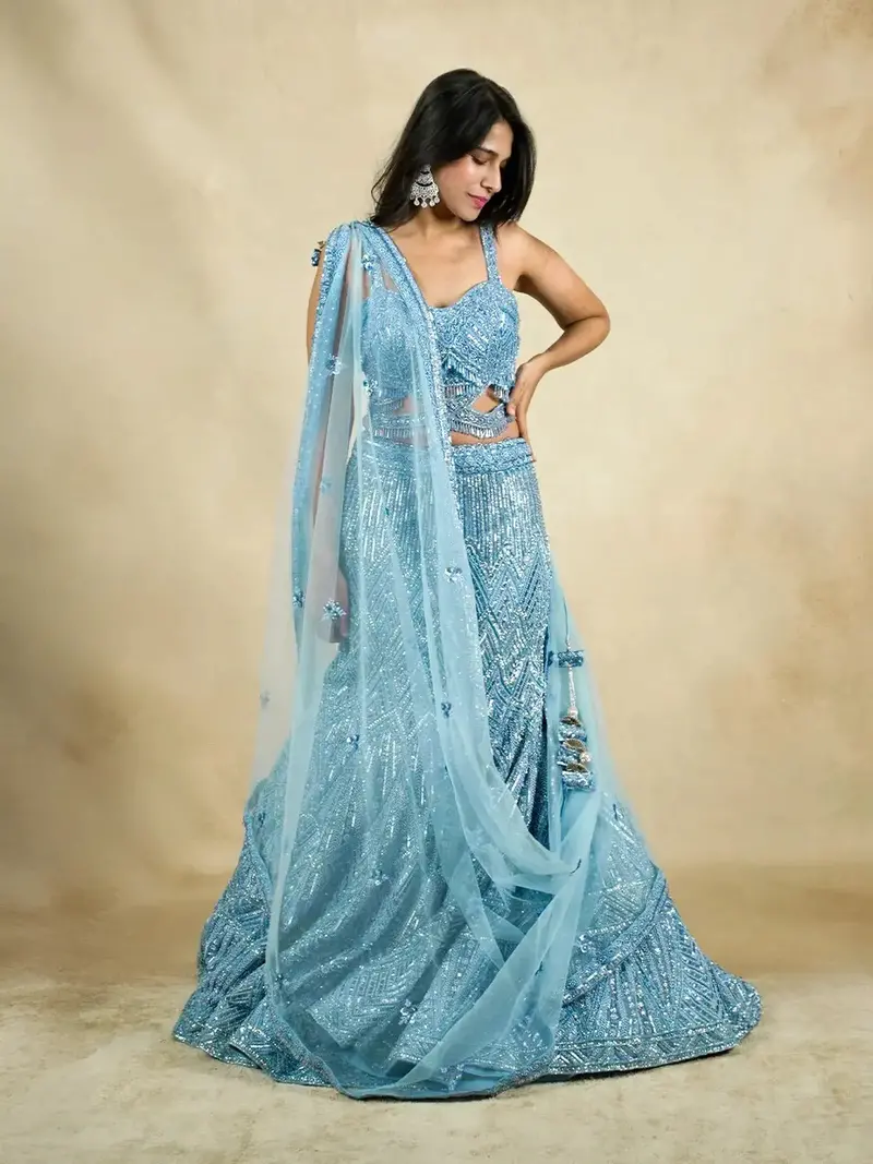 Blue Grey Sequins Embroidery Party Wear Mermaid Lehenga 1