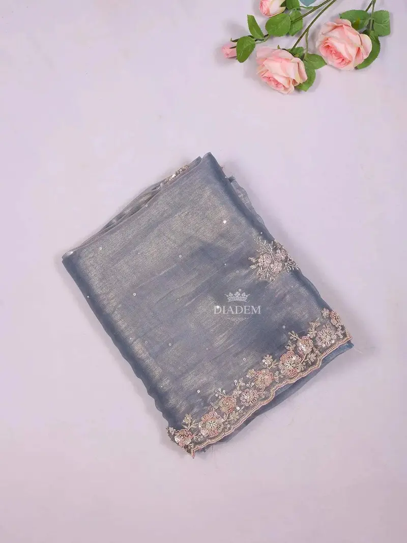 Blue Grey Tissue Organza Saree With Floral Designs On The Body And Embroidery Border 1