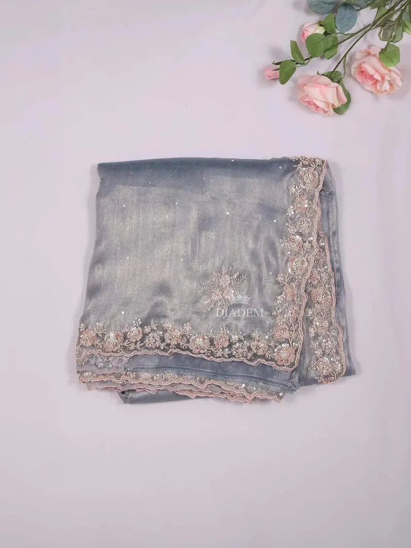 Blue Grey Tissue Organza Saree With Floral Designs On The Body And Embroidery Border 2