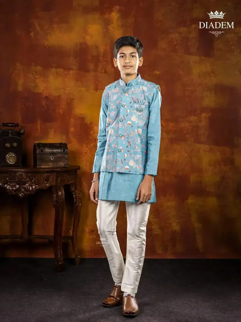 Blue Indo Western Sherwani Adorned In Floral Prints With Waistcoat And Brooch 1