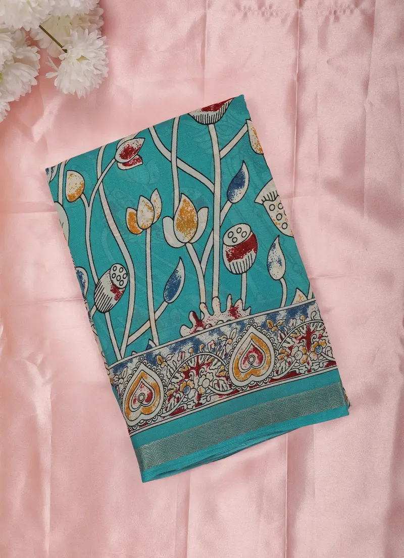 Blue Kalamkari Printed Design Mixed Silk Cotton Fancy Saree 1
