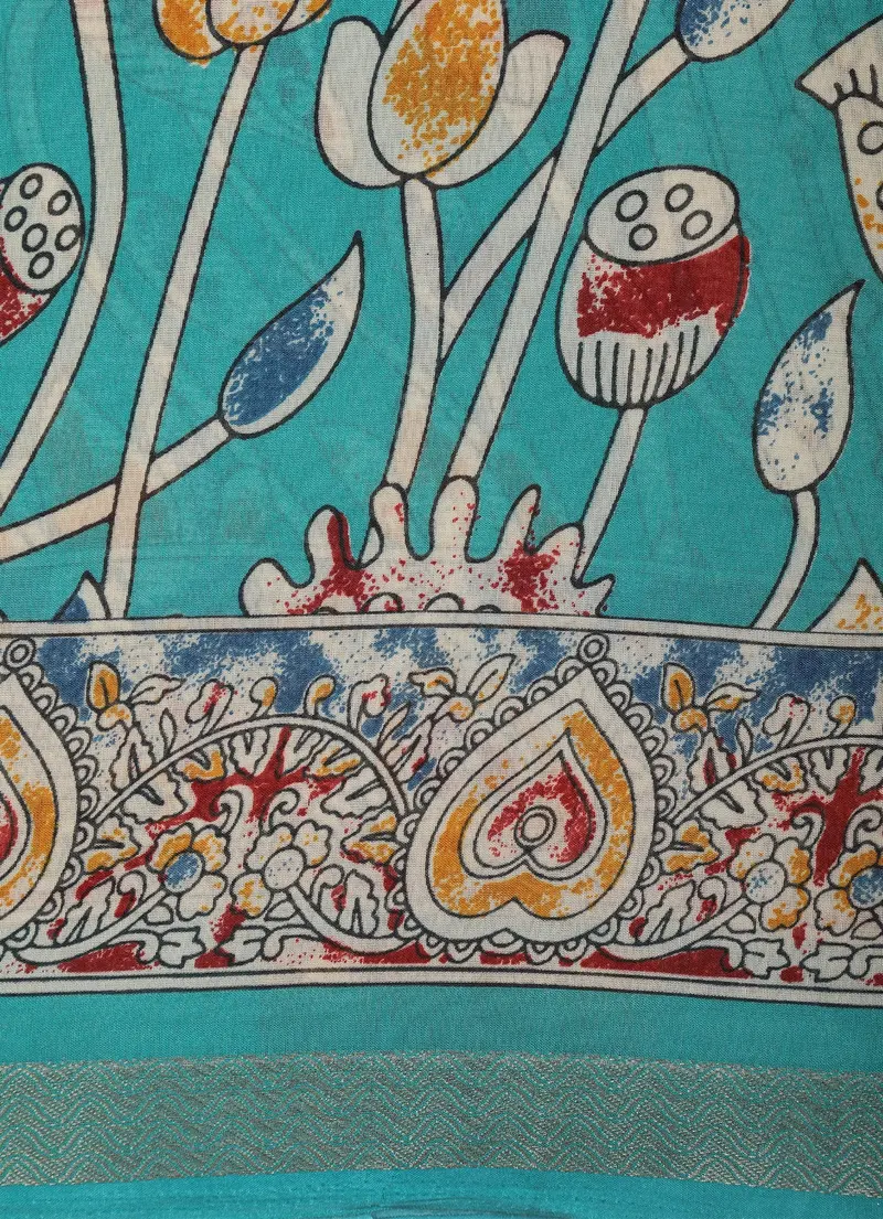 Blue Kalamkari Printed Design Mixed Silk Cotton Fancy Saree 2