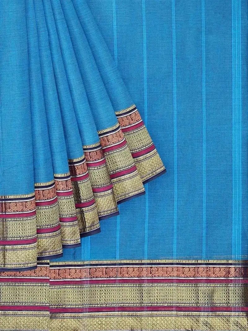 Blue Kanchi Cotton Saree With Thread Butta On The Body And Contrast Zari Border 1