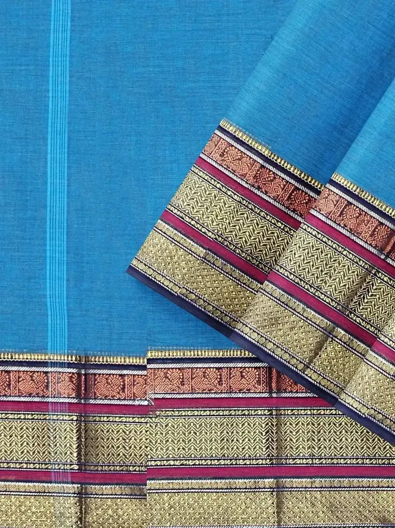 Blue Kanchi Cotton Saree With Thread Butta On The Body And Contrast Zari Border 2