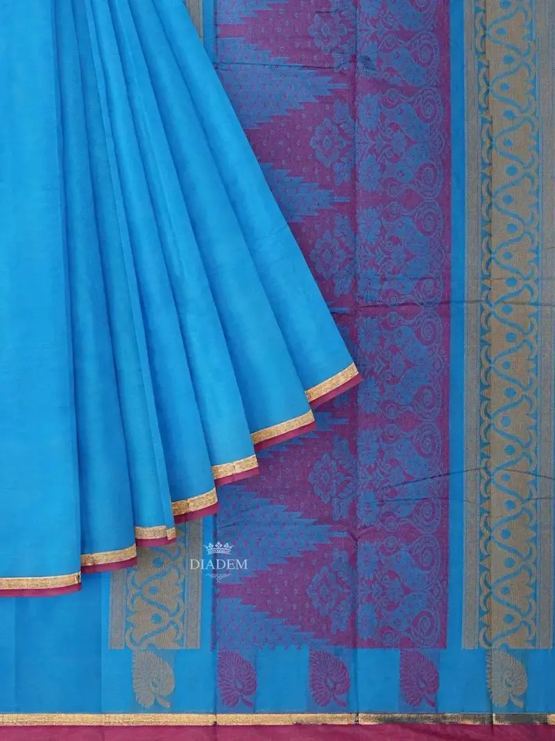 Blue Kanchi Cotton Saree With Thread Butta On The Body And Thread With Zari Border 1