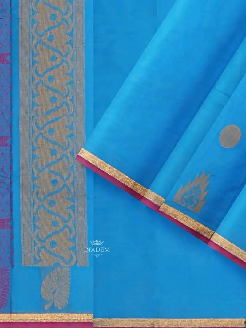 Blue Kanchi Cotton Saree With Thread Butta On The Body And Thread With Zari Border 2