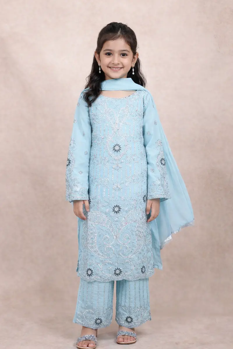Blue Kids Salwar Suit Adorned With Sequins And Stones Floral Design With Dupatta 1
