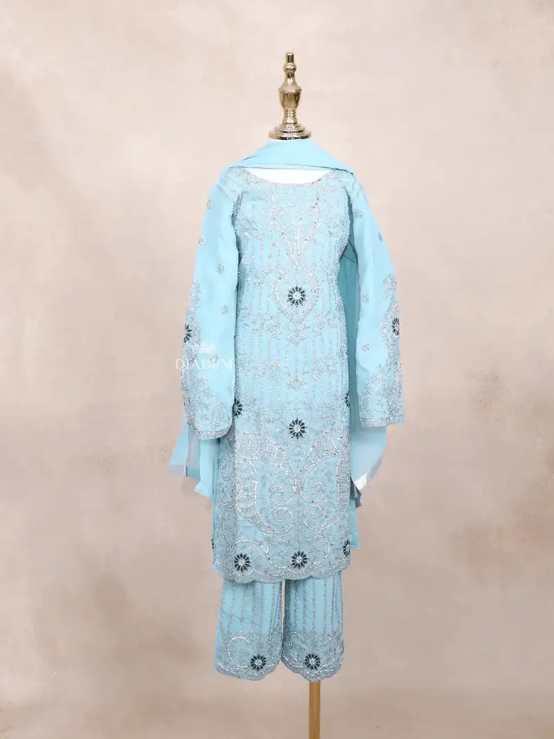 Blue Kids Salwar Suit Adorned With Sequins And Stones Floral Design With Dupatta 2