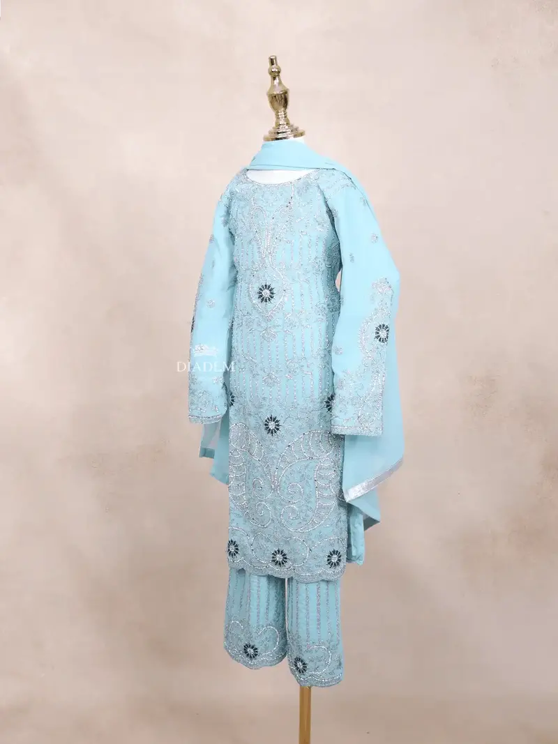Blue Kids Salwar Suit Adorned With Sequins And Stones Floral Design With Dupatta 3