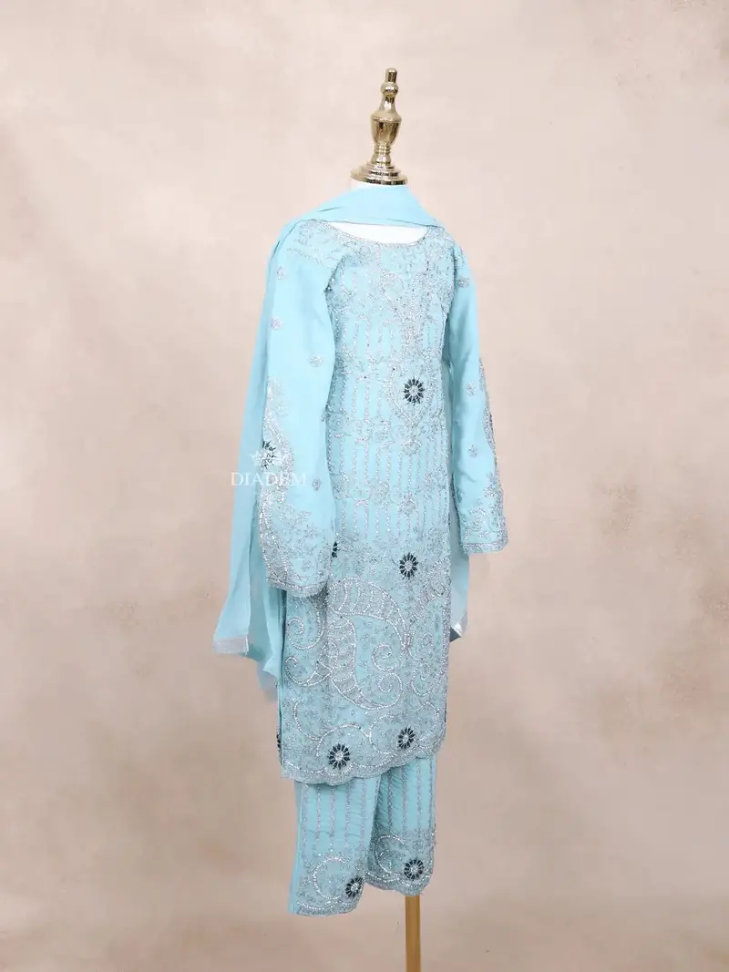 Blue Kids Salwar Suit Adorned With Sequins And Stones Floral Design With Dupatta 4