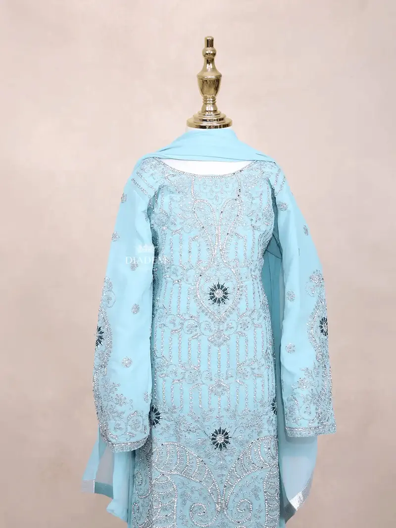 Blue Kids Salwar Suit Adorned With Sequins And Stones Floral Design With Dupatta 5
