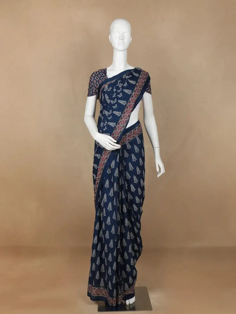 Blue Leaf Designed Cotton Saree 1