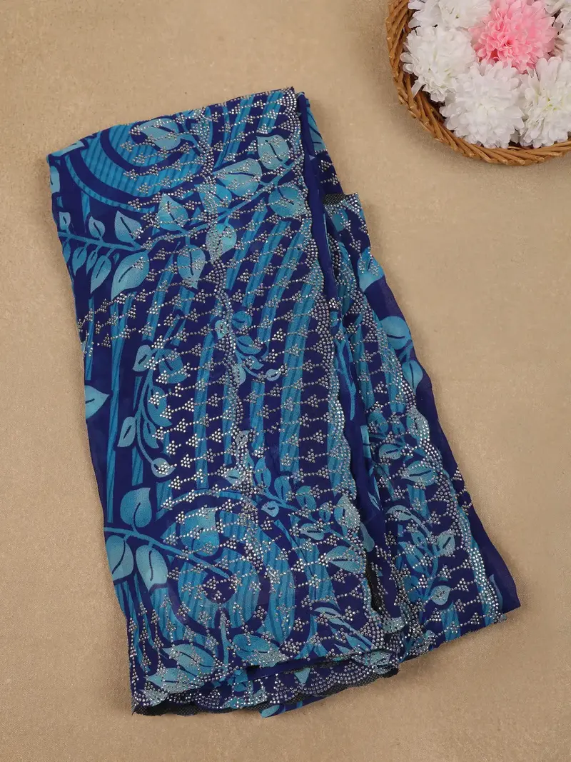 Blue Leaf Print Design With Beaded Synthetic Saree 1