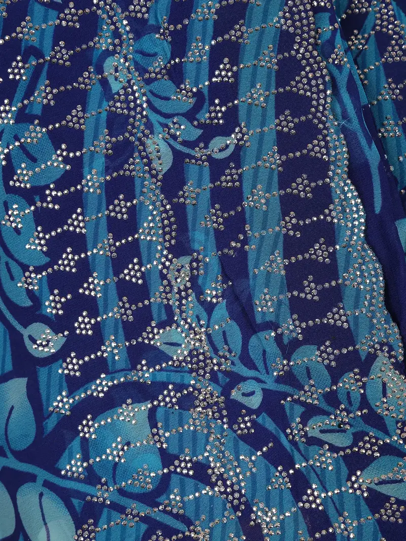 Blue Leaf Print Design With Beaded Synthetic Saree 2
