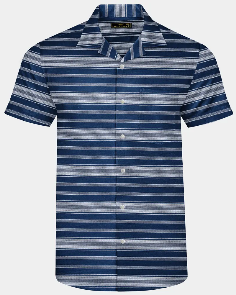 Blue Multicolour Striped Dobby Textured Half-Sleeved Shirt 1