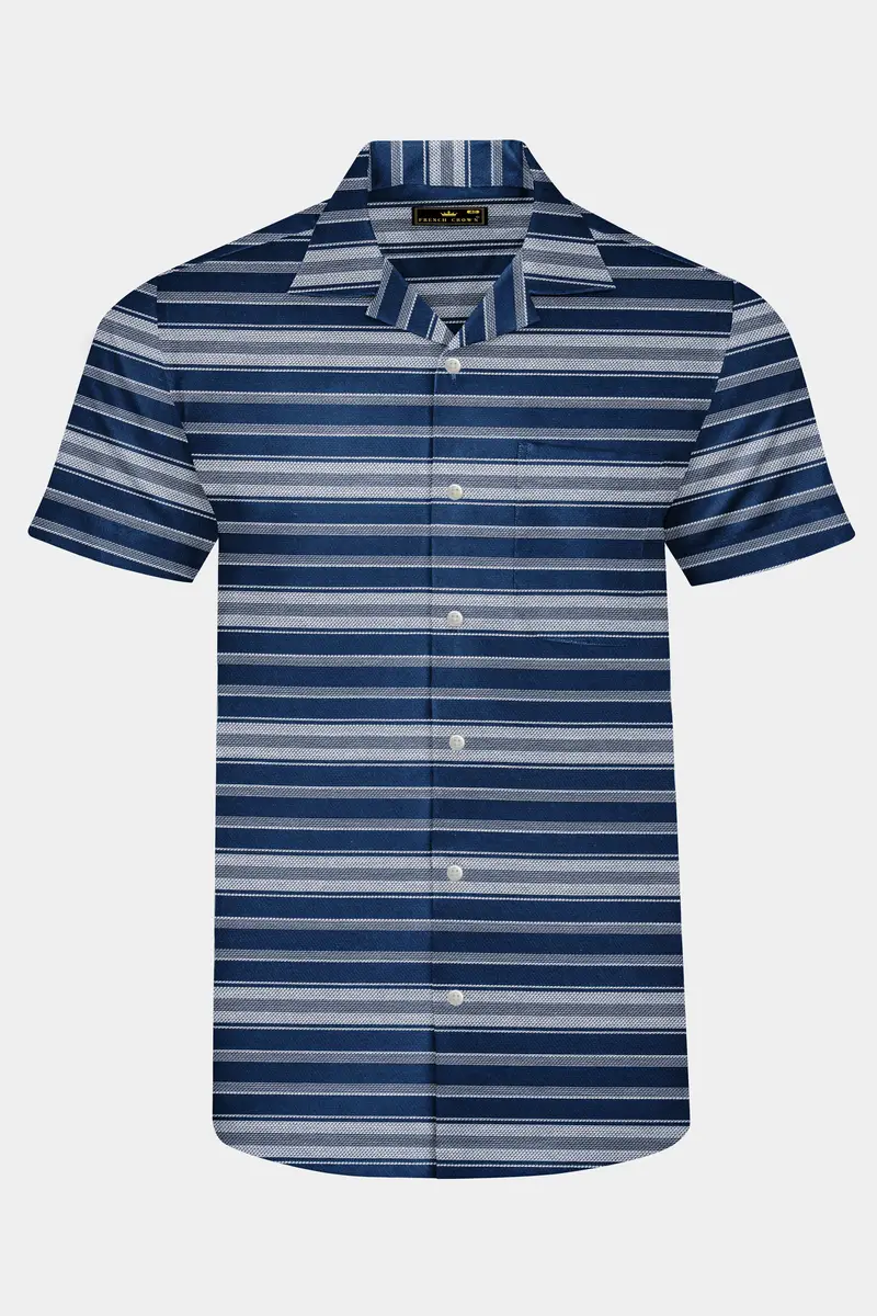 Blue Multicolour Striped Dobby Textured Half-Sleeved Shirt 2
