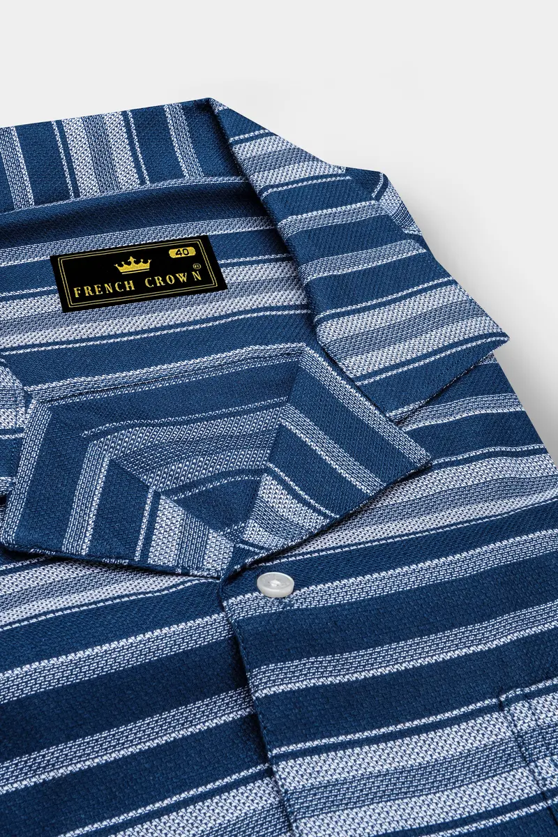 Blue Multicolour Striped Dobby Textured Half-Sleeved Shirt 4