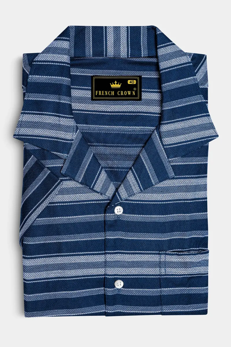 Blue Multicolour Striped Dobby Textured Half-Sleeved Shirt 5