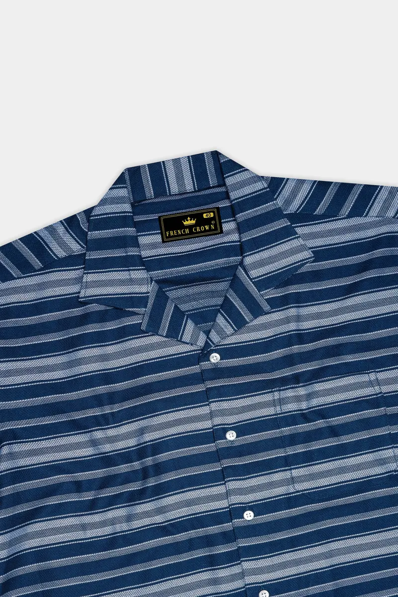 Blue Multicolour Striped Dobby Textured Half-Sleeved Shirt 6