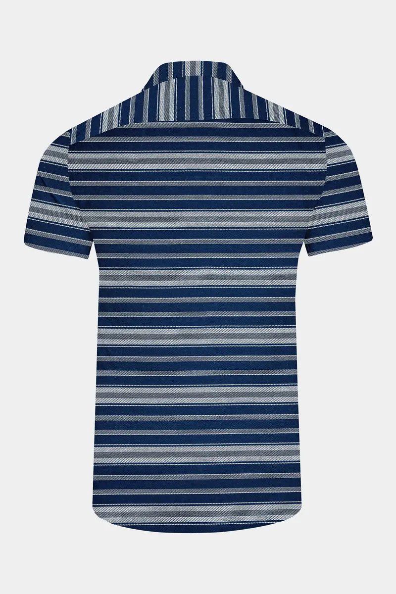 Blue Multicolour Striped Dobby Textured Half-Sleeved Shirt 7