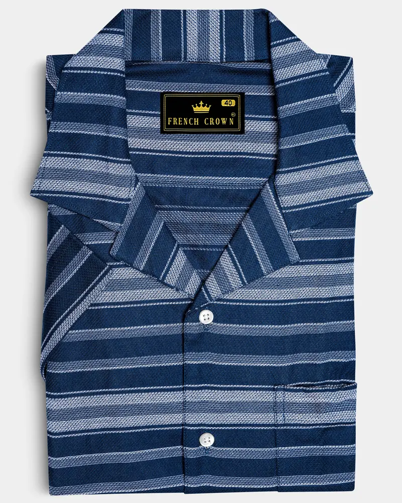 Blue Multicolour Striped Dobby Textured Half-Sleeved Shirt 8