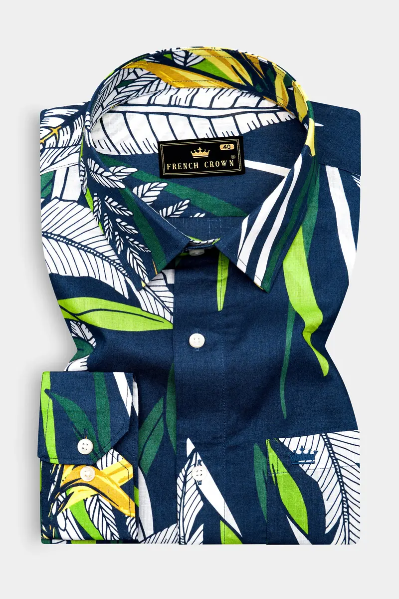 Blue Multicolour Tropical Printed Premium Cotton Shirt 5