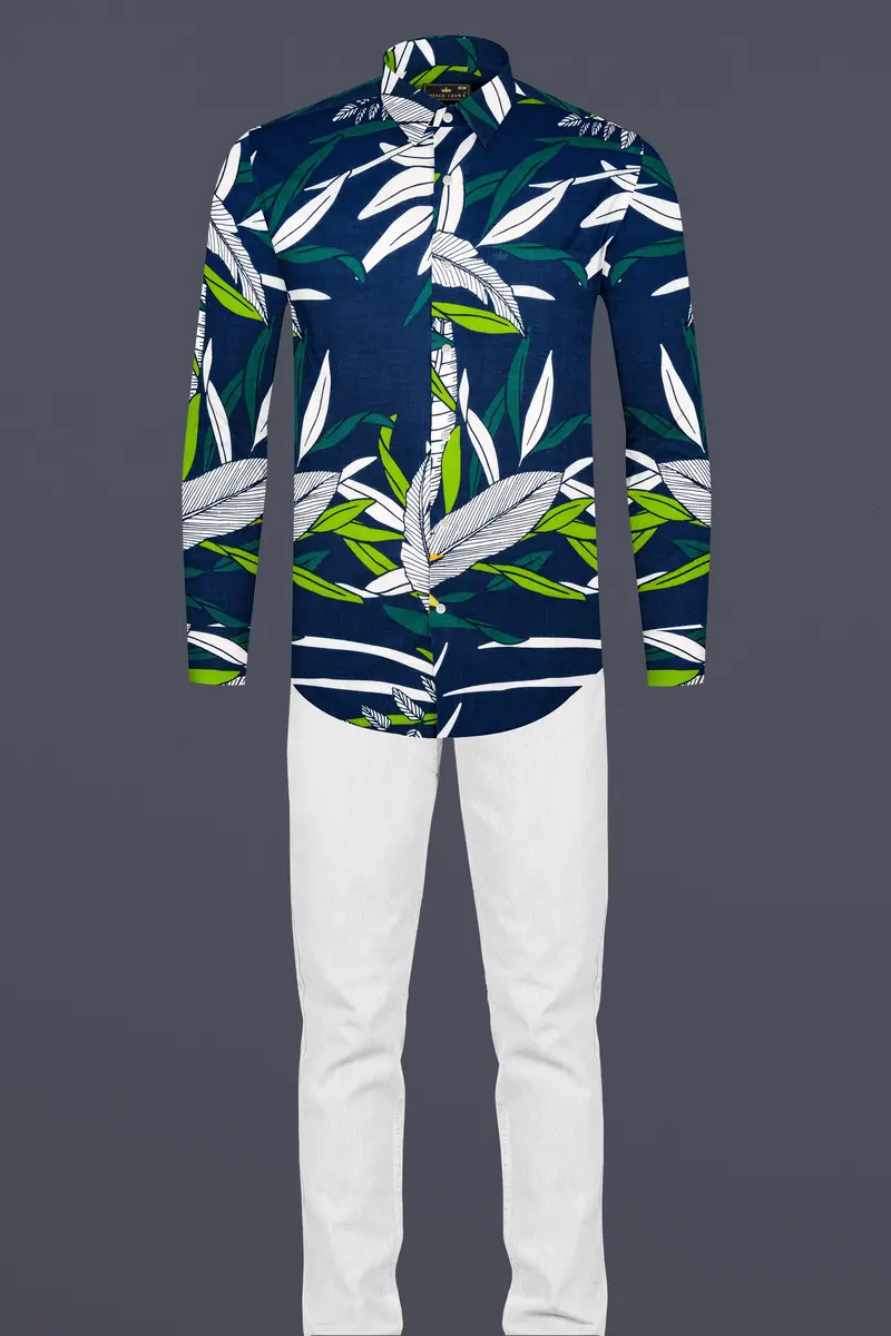 Blue Multicolour Tropical Printed Premium Cotton Shirt 7
