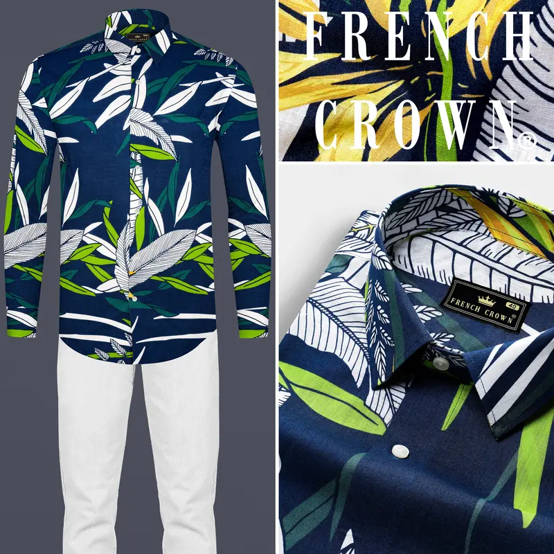 Blue Multicolour Tropical Printed Premium Cotton Shirt 8