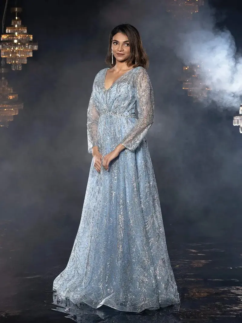 Blue Net With Pearl, Glitters And Floral Design Gown 1